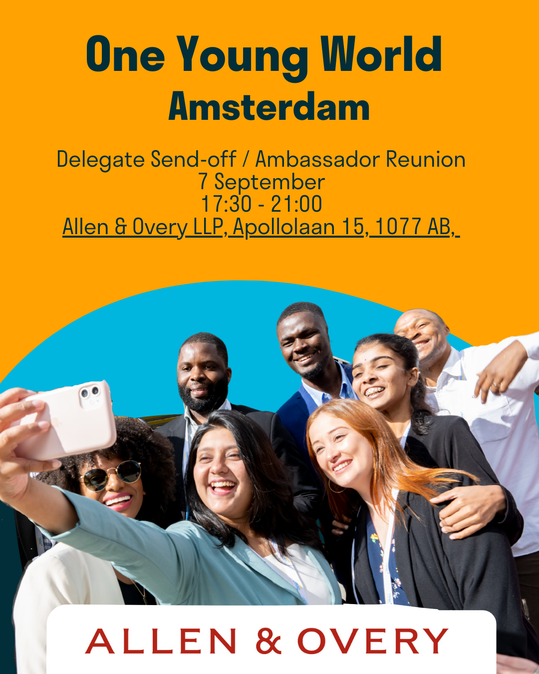 Orange Graphic featuring OYW Ambassadors taking a selfie at the OYW Summit