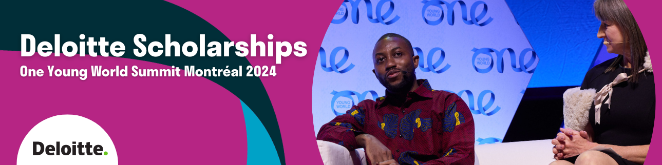 Banner for the Deloitte 2024 Scholarship, featuring a Deloitte Scholar from 2023, George Boateng