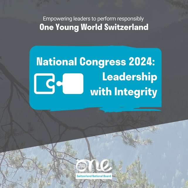 A One Young World Banner which reads OYW Switzerland National Congress 2024: Leadership with Integrity