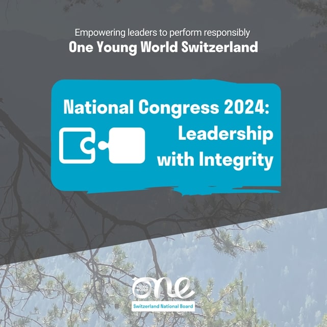 A One Young World Banner which reads OYW Switzerland National Congress 2024: Leadership with Integrity