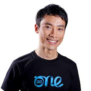 Portrait of Masayuki Sorata wearing black tee shirt with One Young World Logo