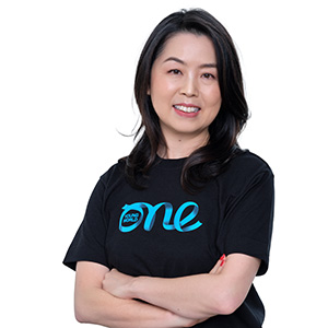 Portrait of Sakiko Shimono wearing black tee shirt with One Young World Logo