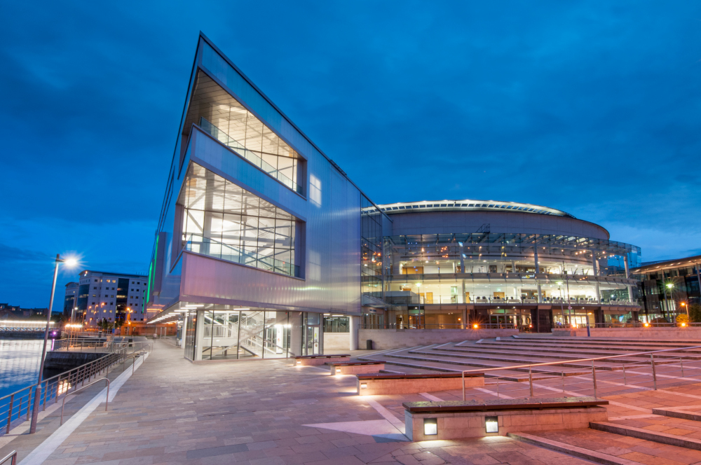 ICC Belfast building at night