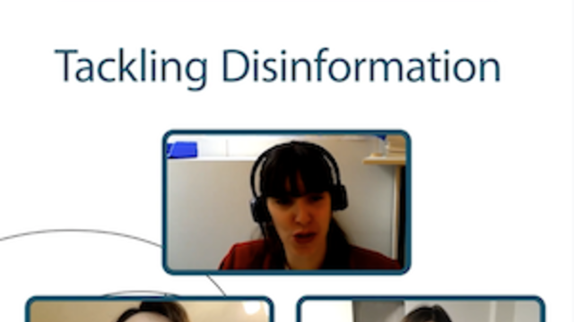 Video thumbnail that reads Tackling Disinformation with three images of speaker portraits