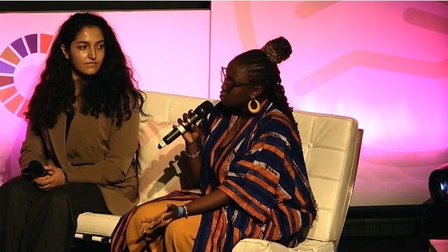 Elizabeth Njambi on the Reckitt stage speaking on the topic of Education, Belfast Summit 2023