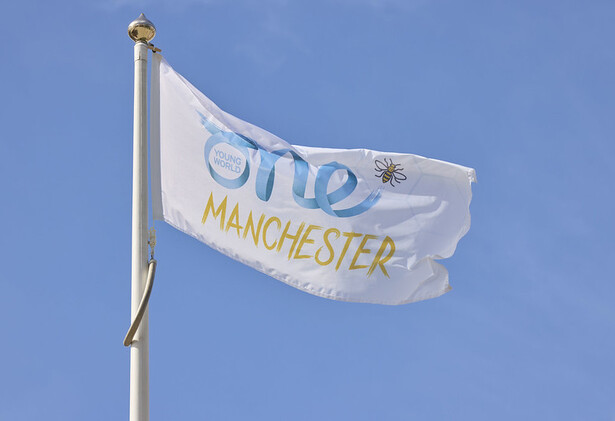 OYW Manchester Flag with bee icon, flying full mast