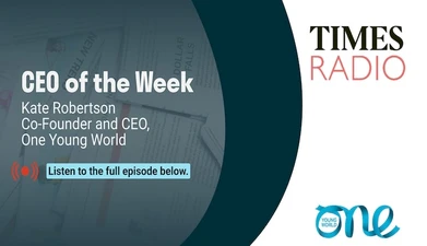 promotional banner with headshot of Kate Robertson guest appearance on Times Radio as CEO of the Week