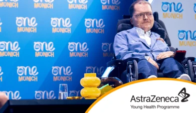 Image of former YHP participant, Jakob, speaking on stage at the One Young World 2025 Summit