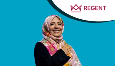 Image of Tawakkol Karman on blue background with Regent Global logo top right