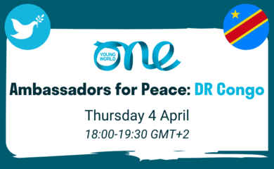 Design: peace symbol of a dove with an olive branch, a blue one young world logo, and a circular DRC flag. Text: Ambassadors for Peace: Ukraine, Thursday 4 April: 18:00-19:30 GMT+2