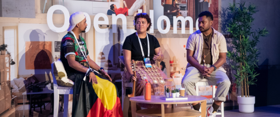 Panellists at the One Young World Summit in Manchester 2022, speaking at a session titled "The Power of Indigenous Storytelling"