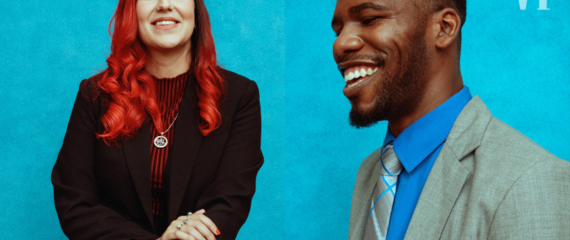 Rana Hajirasouli and Nicholas Kee smiling at the One Young World Vanity Fair Global Goals List photoshoot