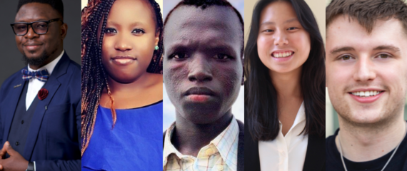 Headshots of the One Young World Academy Media Champions. From left to right, Dr. Babatunde Enoch Adewumi, Mary Yvonne Ododah, Mamuch Bey, Sheina Pribadi, and Isaac Searle