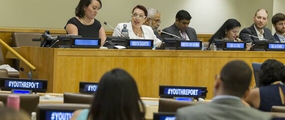 Kristin Duquette at the UN meeting advocating for disabled people