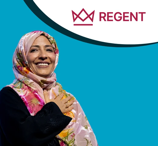 Image of Tawakkol Karman on blue background with Regent Global logo top right